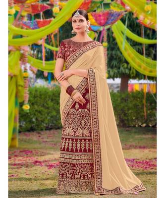 beige embroidered satin saree with blouse 1