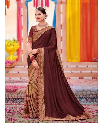 brown embroidered satin saree with blouse 1