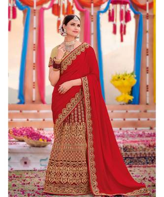 red embroidered georgette saree with blouse 1
