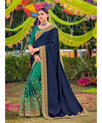 violet embroidered satin saree with blouse 1