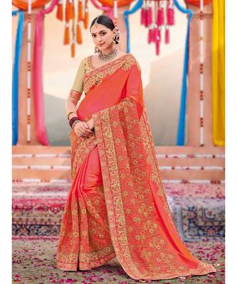 orange embroidered satin saree with blouse 1
