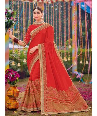 red embroidered satin saree with blouse 1