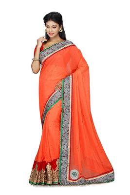 Orange Embroidered Shimmer Saree With Blouse 1