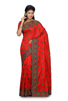 Red embroidered art silk saree with blouse 1