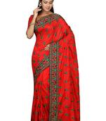 Red embroidered art silk saree with blouse
