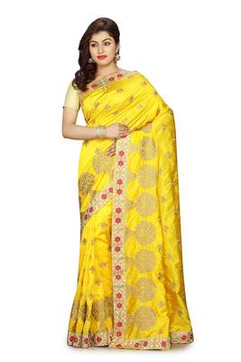 Yellow Embroidered Raw Silk Saree With Blouse 1