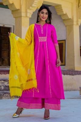 Ruby Pink Designer Long Kurti Set With Yellow Dupatta 1