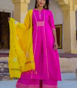 Ruby Pink Designer Long Kurti Set With Yellow Dupatta