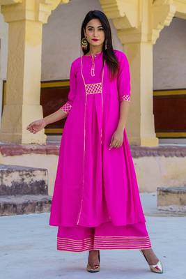 Ruby Pink Designer Long Kurti Set With Yellow Dupatta 2