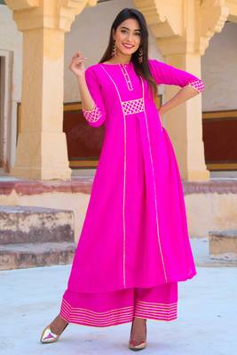 Ruby Pink Designer Long Kurti Set With Yellow Dupatta 3