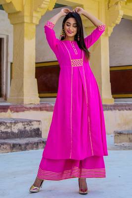 Ruby Pink Designer Long Kurti Set With Yellow Dupatta 4