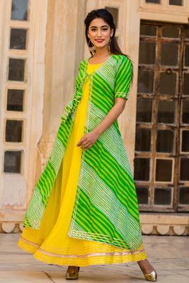 Lime Kurti With Green Lehariya Jacket 1