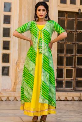 Lime Kurti With Green Lehariya Jacket 2