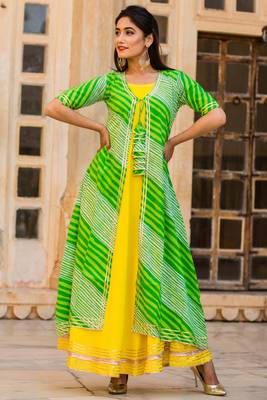 Lime Kurti With Green Lehariya Jacket 3