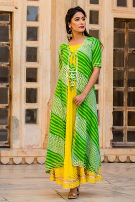 Lime Kurti With Green Lehariya Jacket 4