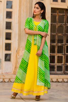 Lime Kurti With Green Lehariya Jacket 5