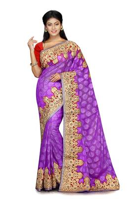 Purple Embroidered Jacquard Saree With Blouse 1