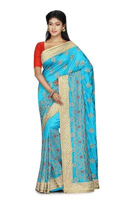 Blue Embroidered Raw Silk Saree With Blouse 1