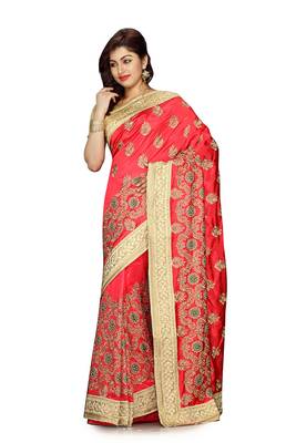 Red Embroidered Raw Silk Saree With Blouse 1