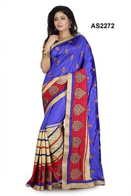 Blue Embroidered Raw Silk Saree With Blouse 1