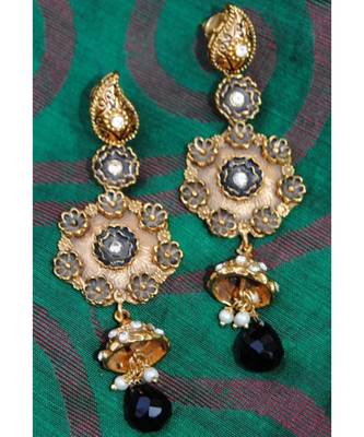 Black and Gold Enamel Pearl Diamond Dangler Earrings 1