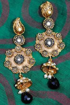 Black and Gold Enamel Pearl Diamond Dangler Earrings