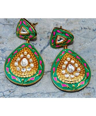 Green Enamel Polki Diamond Dangler Earrings 1