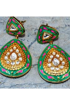 Green Enamel Polki Diamond Dangler Earrings