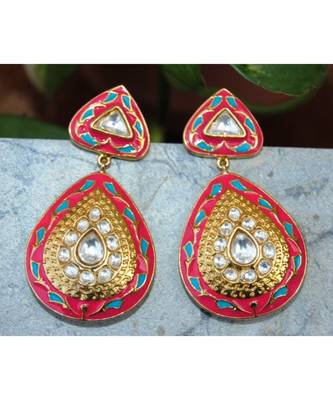 Pink Enamel Polki Diamond Dangler Earrings 1
