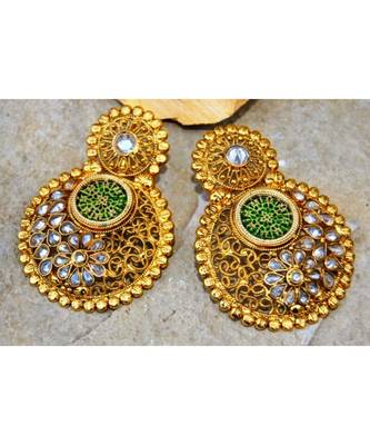 Gold Polki Green Thewa Dangler Earrings 1