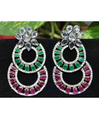 American Diamond Studded Emerald Ruby Dangler Earrings 1