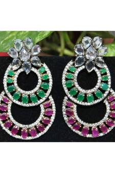 American Diamond Studded Emerald Ruby Dangler Earrings