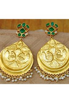 Green Alloy Antique Gold Plated Chandbali Earrings