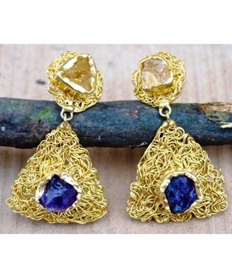 Meshed Gold Raw Agate Dangler Earrings 1