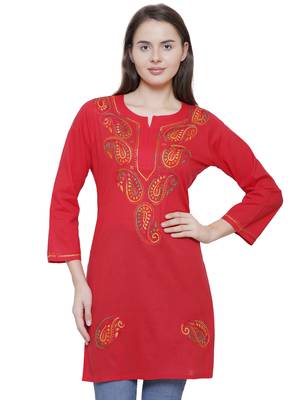 Red embroidered cotton chikankari kurti 1