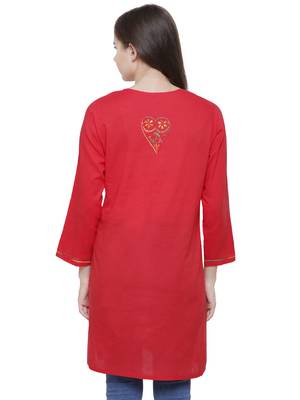 Red embroidered cotton chikankari kurti 2