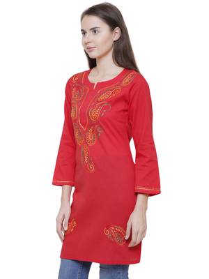 Red embroidered cotton chikankari kurti 3