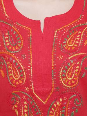 Red embroidered cotton chikankari kurti 4