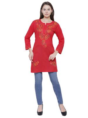 Red embroidered cotton chikankari kurti 5