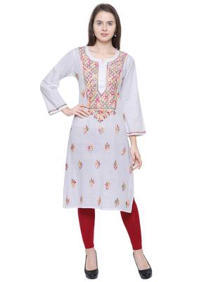 White embroidered cotton chikankari kurti 1