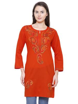 Orange embroidered cotton chikankari kurti 1