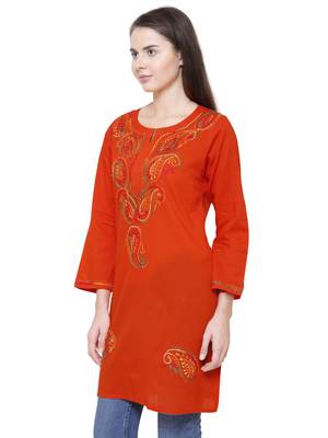 Orange embroidered cotton chikankari kurti 3