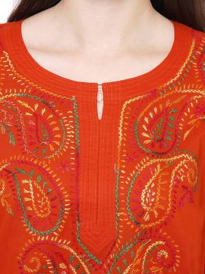 Orange embroidered cotton chikankari kurti 4
