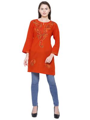 Orange embroidered cotton chikankari kurti 5