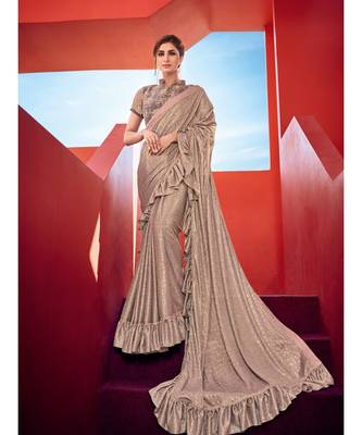 golden embroidered taffeta saree with blouse 1
