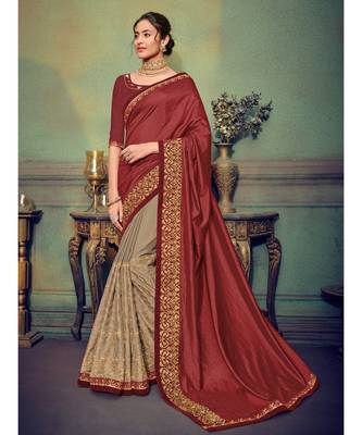 maroon embroidered georgette saree with blouse 1