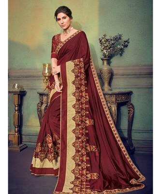 maroon embroidered silk blend saree with blouse 1