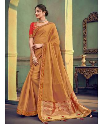 beige embroidered georgette saree with blouse 1