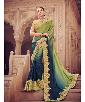 green embroidered satin saree with blouse 1