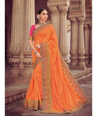 orange embroidered silk blend saree with blouse 1